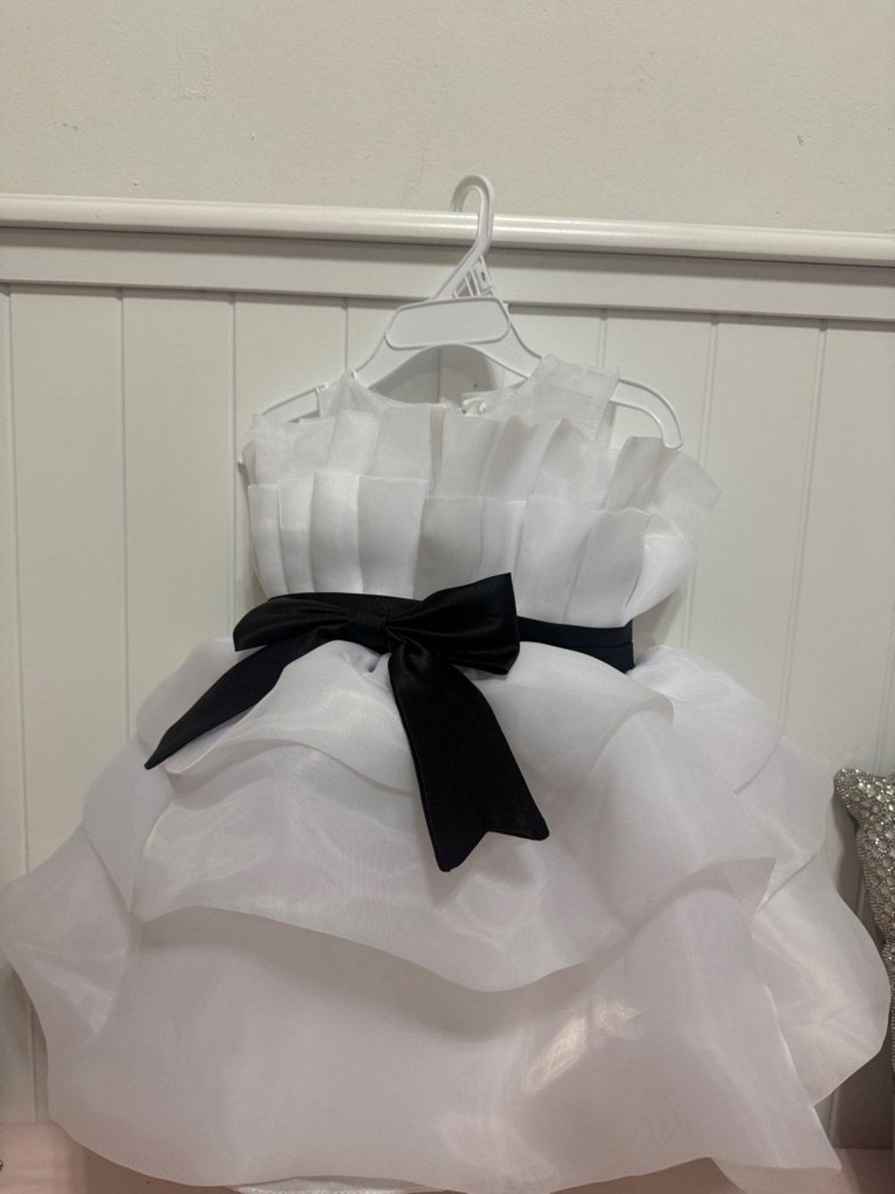 White Ruffled Organza Dress with Black Sash